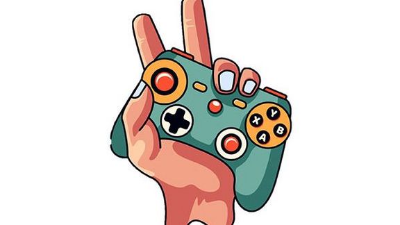 Zeichnung zu Health Learning Games: Joystick in der Hand mit Viktory-Zeichen 