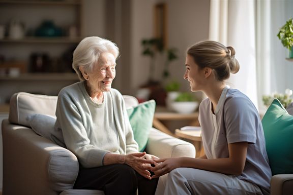Imagefoto für den Master Advanced Nursing Practice: ältere Dame wird von einer jungen Pflegerin betreut.
