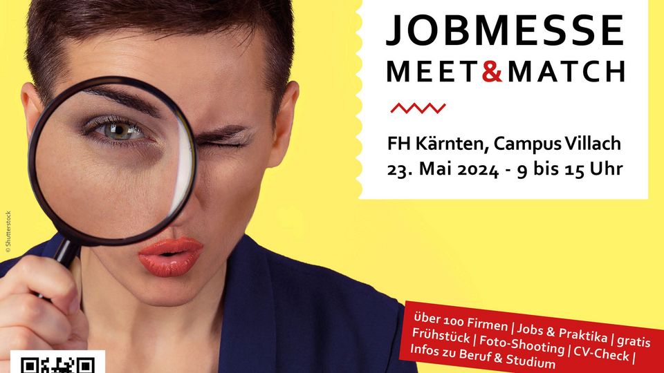 Sujet der Einladung zur Meet & Match – die Jobmesse der FH Kärnten am Donnerstag, 23. Mai 2024 am Campus Villach; Frau mit Lupe; gelber Hintergrund 