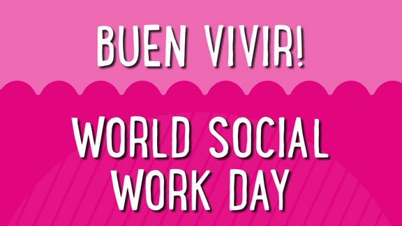 Schriftzug "Buen Vivir – World Social Work Day" auf pinken Hintergrund (Ausschnitt des Plakats)