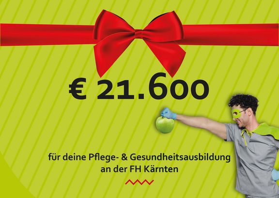 Superheldensujet, grüner Hintergrund mit roter Schleife: € 21.600,- für deine Pflege- & Gesundheitsausbildung