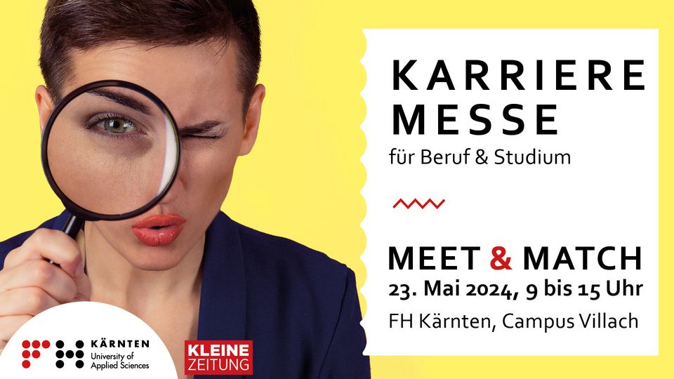 Sujet der Einladung zur Meet & Match – die Jobmesse der FH Kärnten am Donnerstag, 23. Mai 2024 am Campus Villach; Frau mit Lupe; gelber Hintergrund 